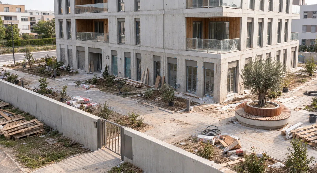 Abords d'un immeuble neuf encombrés de gravats et de matériaux, avant le nettoyage de fin de chantier
